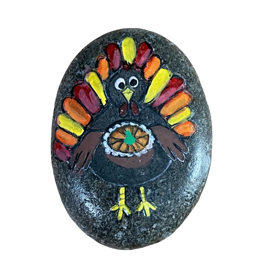 Hand crafted painted Thanksgiving turkey pumpkin pie rock natural stone orange - Picture 3 of 12